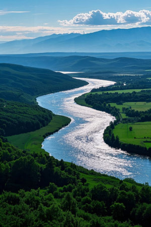 Panoramic view of the natural scenery of river valleys and forestsの素材