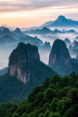 Panoramic natural scenery of mountains, clouds and seaの素材