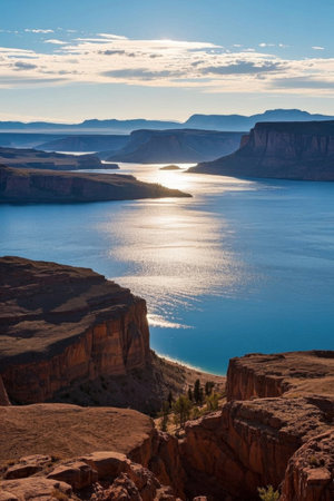 Panoramic view of the natural scenery of lakes and canyonsの素材