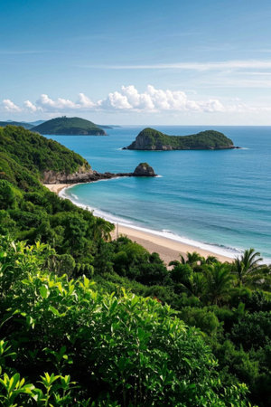 Island landscape covered with greenery along the coastの素材