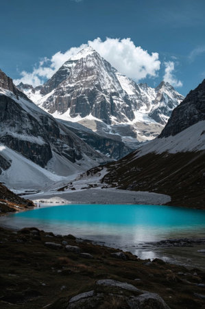 Blue lake scenery under the snow mountainの素材