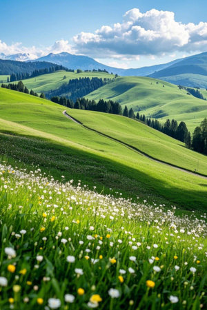 Panoramic view of the natural scenery of the green hillsideの素材