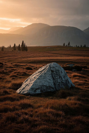 The huge rocks in the field and the sunset scene in the distant mountainsの素材