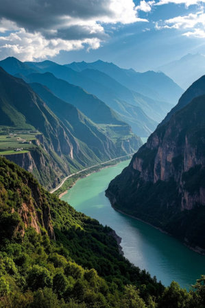 Panoramic view of natural scenery of mountains, rivers and riversの素材