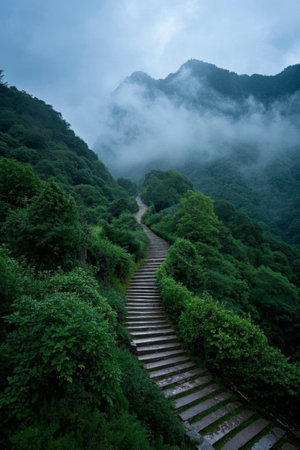Mist-shrouded stone walkway in the mountainsの素材