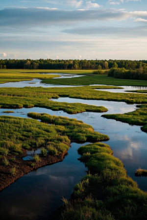 Panoramic view of wetland river natural sceneryの素材
