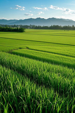 Green rice fields and distant mountain natural sceneryの素材