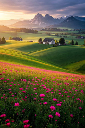 Pink flower fields among the pastoral hillsの素材