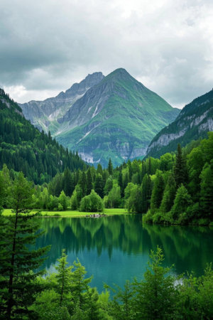 Panoramic view of natural scenery of mountains, forests and lakesの素材