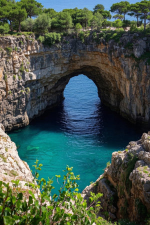 View of natural arches on rocks by the seaの素材