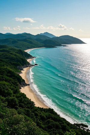 Panoramic view of the beach between the mountains and the seaの素材