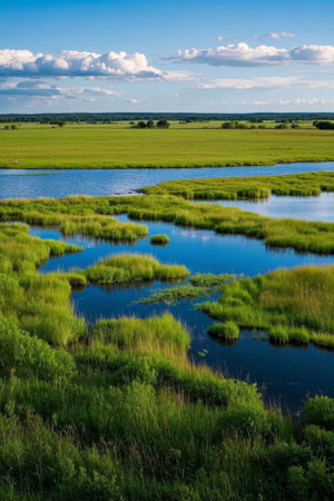 Panoramic view of natural scenery of river wetlandsの素材