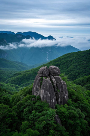 Boulders and dense vegetation among mountains and seas of cloudsの素材