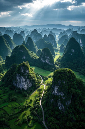 Aerial panoramic view of Guilin's landscapeの素材