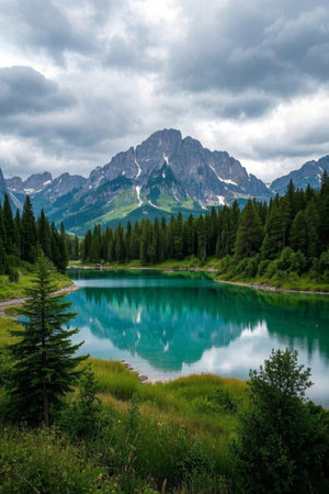 Green lake scenery in the mountains and forestsの素材