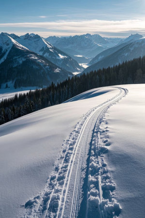 Ruts on the snowy slopes of the snow-capped mountains and the mountain forest landscapeの素材