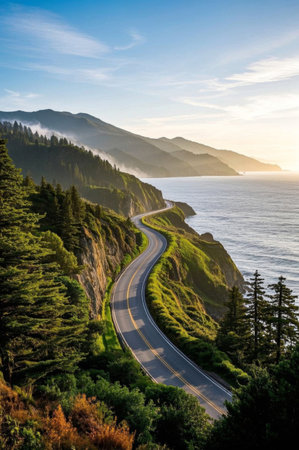 Winding coastal road natural sceneryの素材