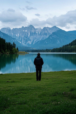 Man looking out over the mountains in the distance from the lakeの素材