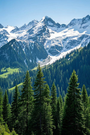 Forest nature under the snow-capped mountainsの素材