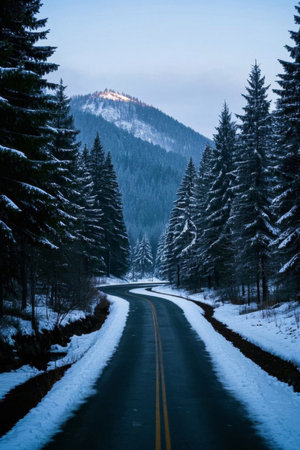 Scenic view of the winding road in the forest after the snowの素材