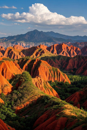Panoramic view of the natural scenery of the red mountainsの素材