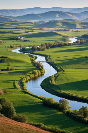 Pastoral river winding natural sceneryの素材