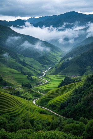 Winding mountain terraced road sceneryの素材