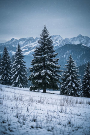 Snow-covered pine landscape under the snow-capped mountainsの素材