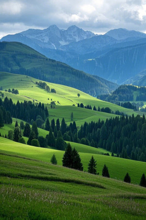 Green grassland and forest scenery in the mountainsの素材