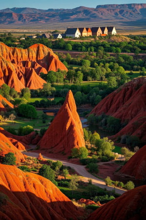 Red clay hills and distant house viewsの素材