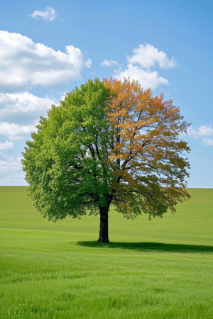 A single tree half green and half yellow on the grasslandの素材