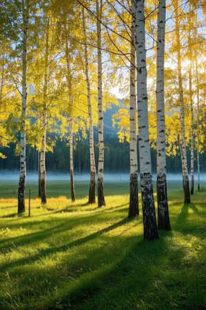 Birch forest natural scenery under the sunの素材