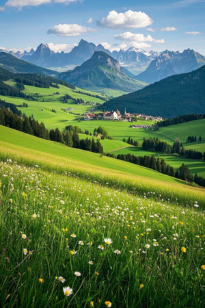 Mountain grasslands and village natural sceneryの素材