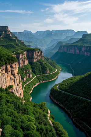 Taihang Mountains natural scenery, river and highway landscapeの素材