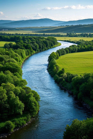 Green wilderness scenery beside the winding riverの素材