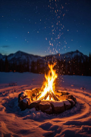 Bonfire in the snow and night view of distant mountainsの素材