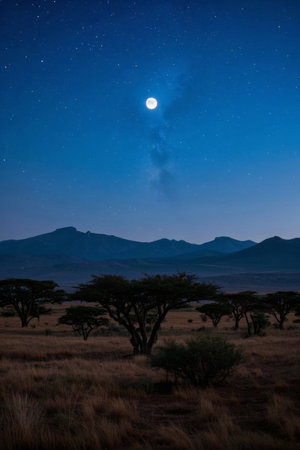 African grassland moonlit sceneryの素材