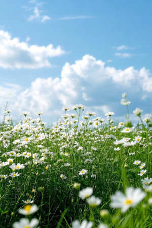 Daisy fields under blue sky and white cloudsの素材