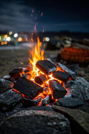 Close-up of a burning campfire outdoorsの素材