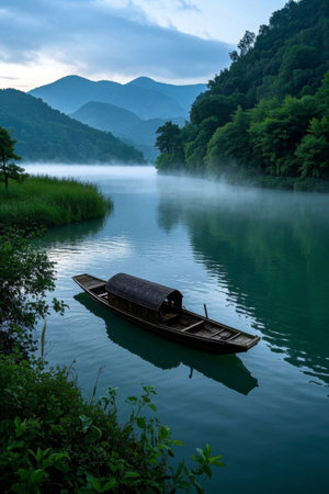 Scenery of a boat moored in the mountains and riversの素材