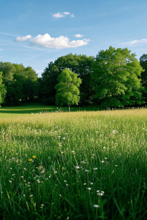 Grassland, forest, blue sky and white clouds natural sceneryの素材