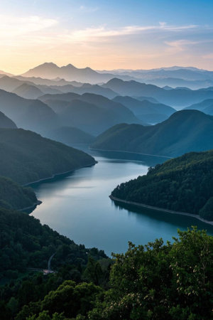 Panoramic view of natural scenery of mountain lakesの素材