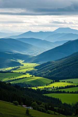 Panoramic view of green mountains and fieldsの素材