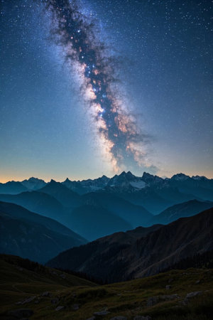 A view of the Milky Way starry sky over the mountainsの素材
