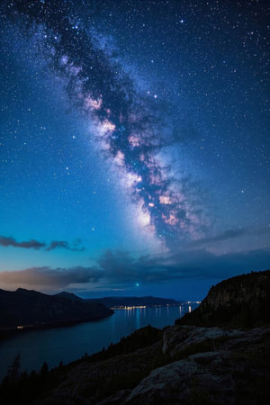The night sky by the lake is full of stars and mountain sceneryの素材