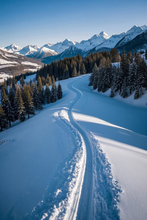 Snow rutted road in the woods under the snow-capped mountainsの素材