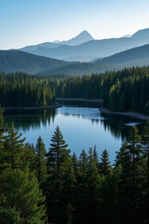 Panoramic view of natural scenery of mountains, forests and lakesの素材