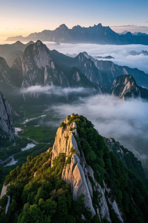 Aerial photography of the magnificent mist-shrouded peaksの素材