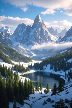 Panoramic view of forest lake under snow mountainの素材