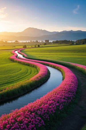 Winding flower paths and stream landscapes among fieldsの素材